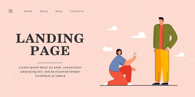 Girl proposing to man flat vector illustration. Girlfriend kneeling and offering engagement ring to boyfriend. Role reversal, feminism, love concept for banner, website design or landing web page