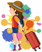 Free vector girl pulling luggage on colorful background