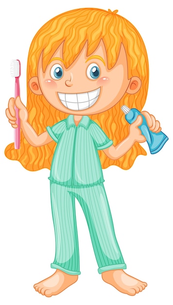 Free vector girl in pyjamas holding toothbrush and toothpaste