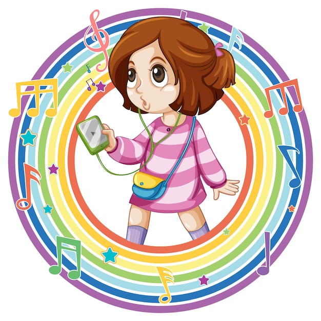 Girl in rainbow round frame with melody symbols