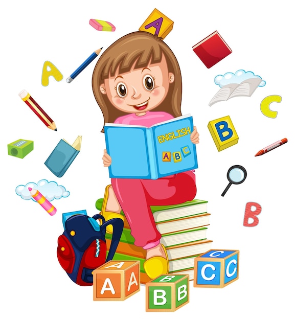 A girl read books on white background