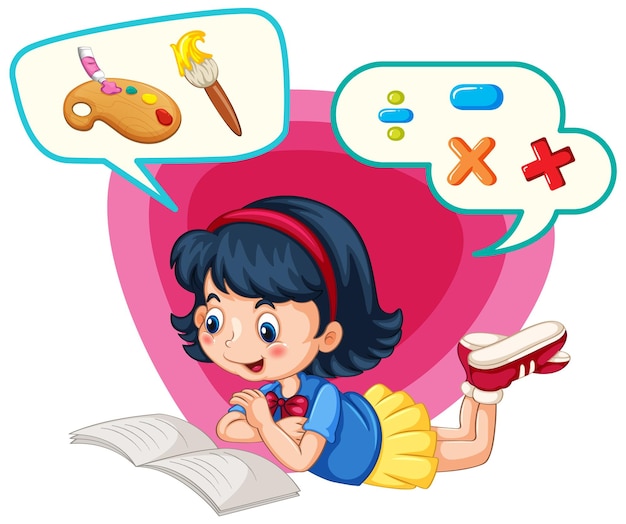 Free vector girl reading book about arts and math