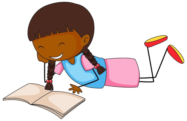 Free vector a girl reading book doodle cartoon character