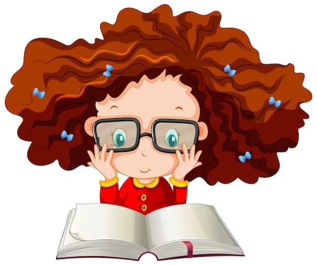 Free vector a girl reading a book on white background