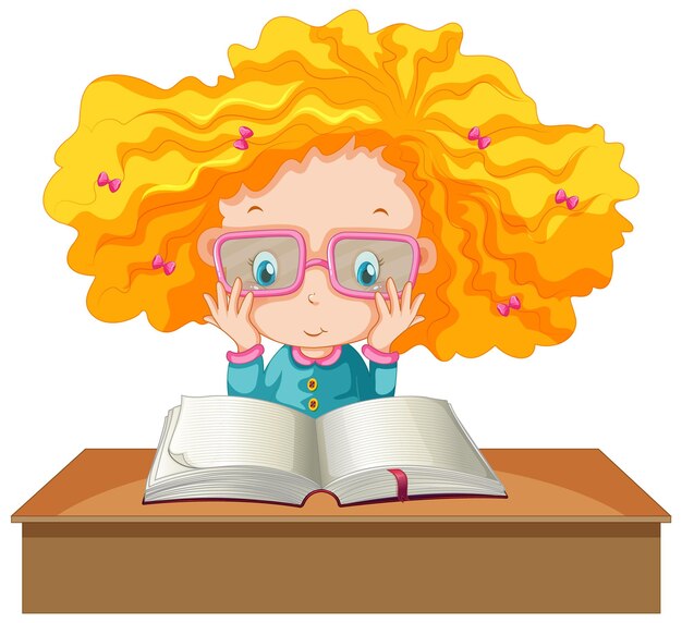A girl reading a book on white background