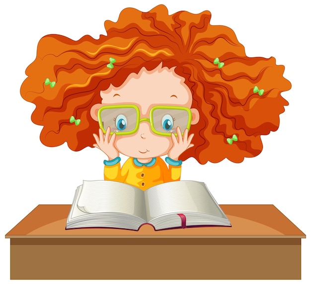 Free vector a girl reading a book on white background