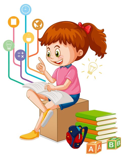 A girl reading books on white background