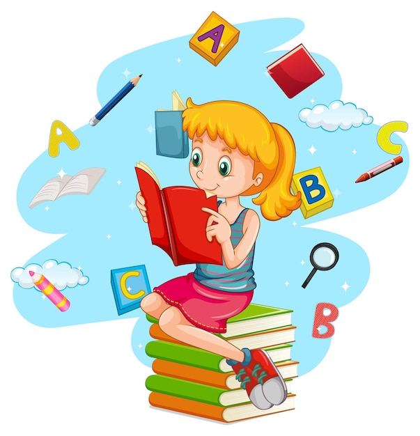A girl reading books on white background