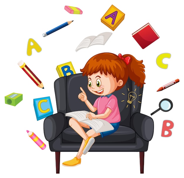 Free vector a girl reading books on white background