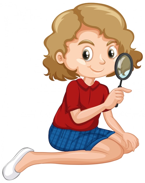 Free vector girl in red shirt holding magnifying glass