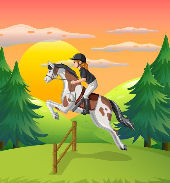 Free vector a girl riding on a horse at natural scene