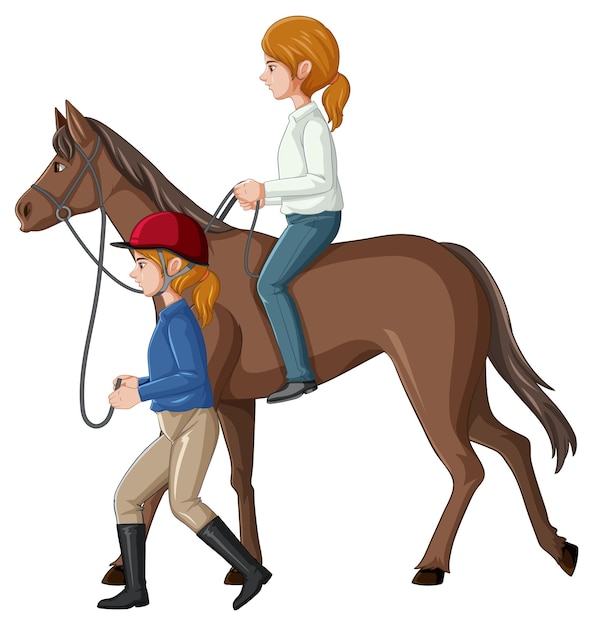 Vettore gratuito una ragazza a cavallo con hostler su sfondo bianco