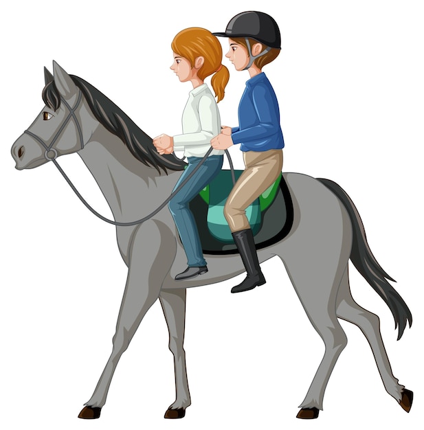 A girl riding on a horse with hostler on white background