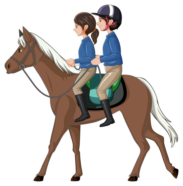 A girl riding on a horse with hostler on white background