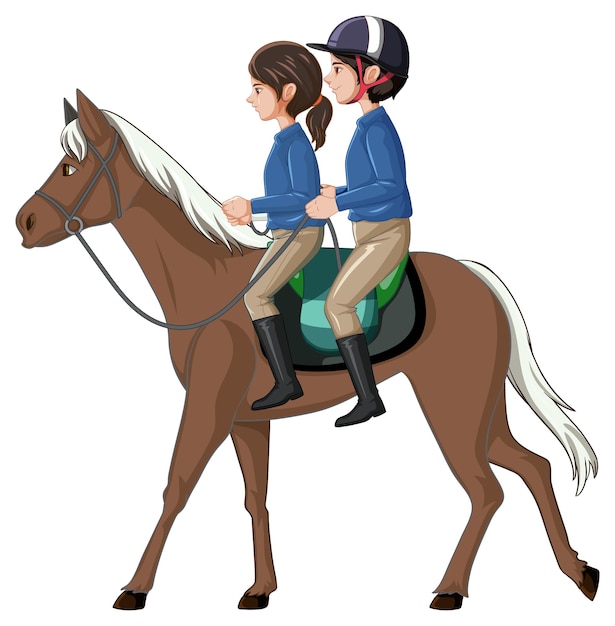 白い背景の上の馬丁と馬に乗っている女の子