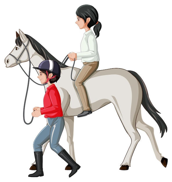 A girl riding on a horse with hostler on white background