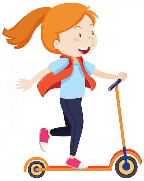 A girl riding on scooter with happy mood cartoon style isolated