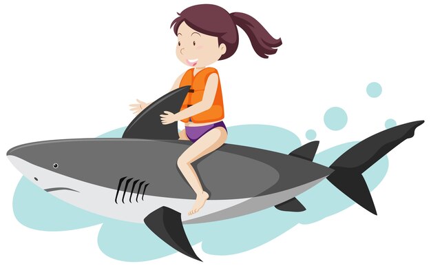 白い背景で隔離のサメ漫画スタイルに乗って女の子