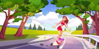 Free vector girl riding on skateboard on road