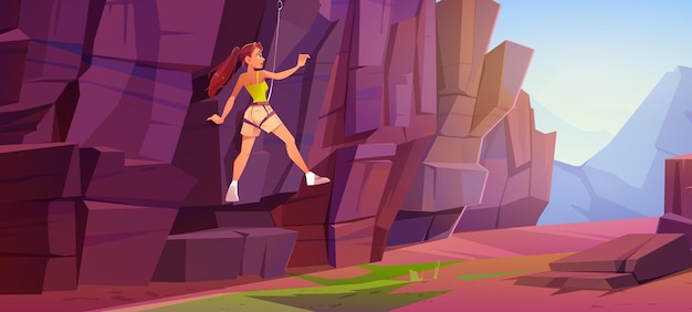 女の子のロッククライマーが山に登る。冒険、エクストリームスポーツのコンセプト。石の壁にロープとカービン銃と女性アルピニストと峡谷の風景のベクトル漫画イラスト
