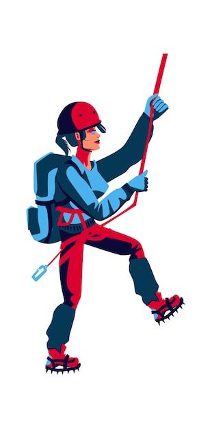 Бесплатное векторное изображение Девушка-скалолаз в спортивном снаряжении с рюкзаком за спиной поднимается вверх, изолированных иллюстрация вектора шаржа