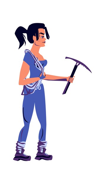 Girl rock climber in sports equipment with a pickaxe in hands, cartoon vector illustration isolated