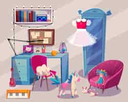 Free vector girl room interior with wardrobe chair and table