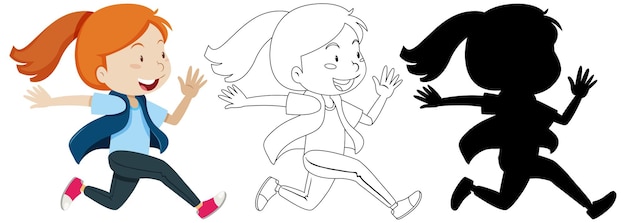 Free vector girl running with its outline and silhouette