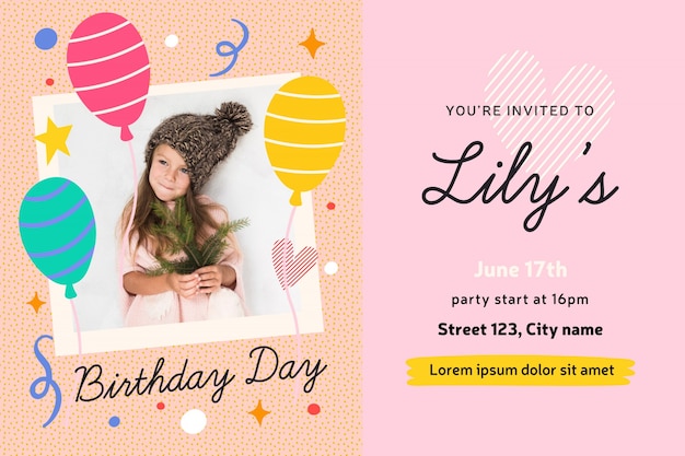 Free vector girl's birthday invitation card concept