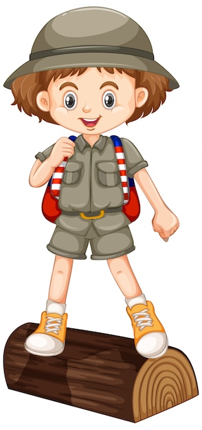 Girl in safari outfit standing on the big log illustration