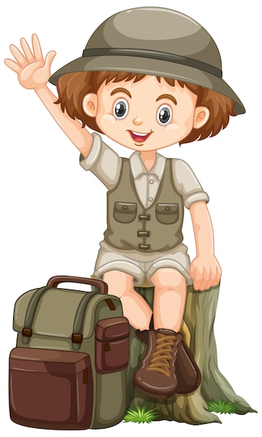 Free vector girl in safari outfit waving hand and sitting on the log