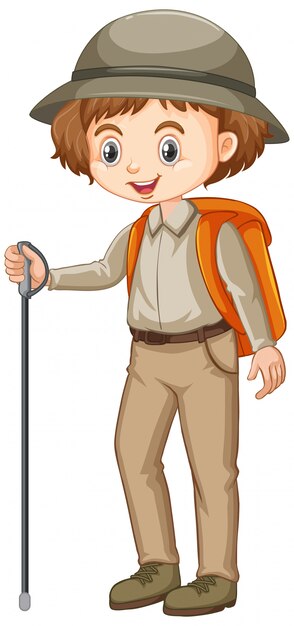 Girl in safari outfit with hiking stick and backpack