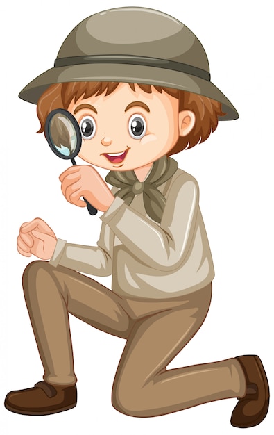 Free vector girl in safari outfit with magnifying glass on white background