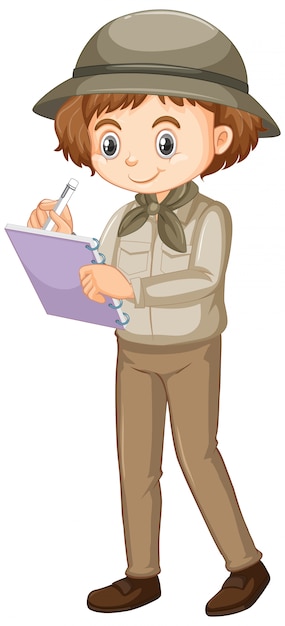 Free vector girl in safari outfit writing note on white background