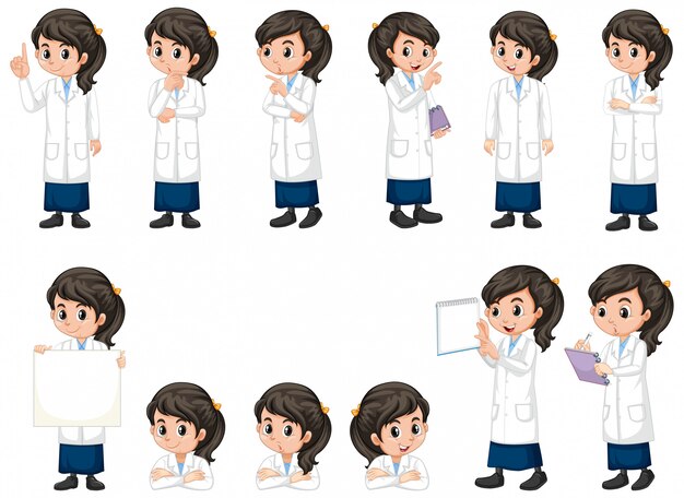 Девушка в халате науки делает различные позы на белом фоне