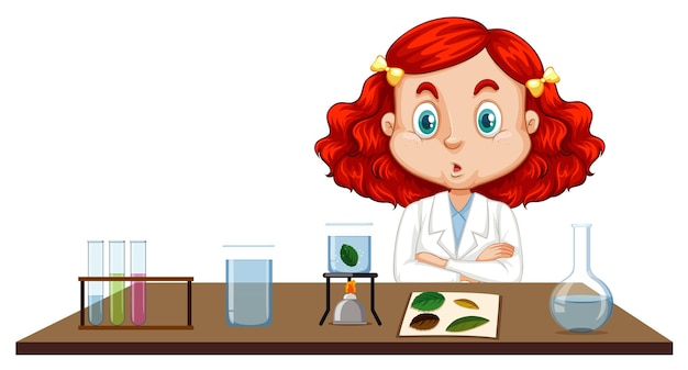 テーブルに座っている科学のガウンの女の子