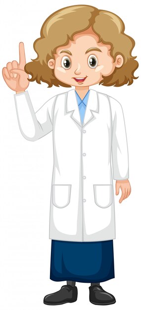 Girl in science gown standing on white