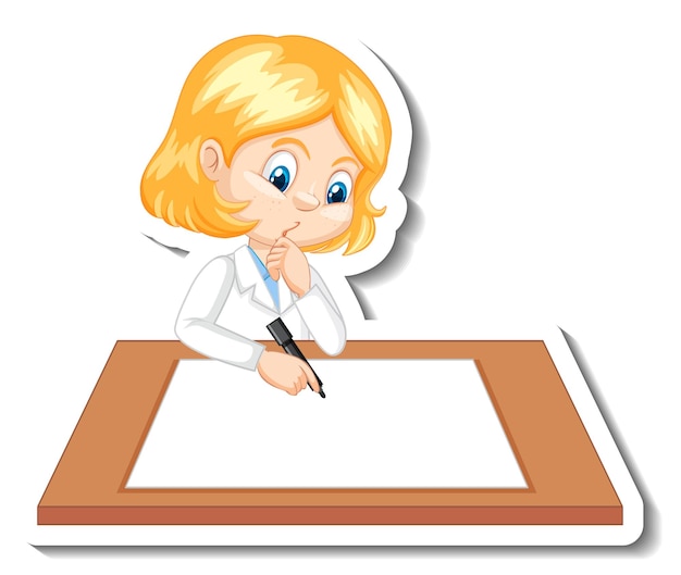 Girl in scientist outfit writing on empty desk