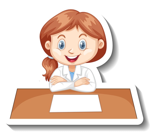 Girl in scientist outfit writing on empty desk