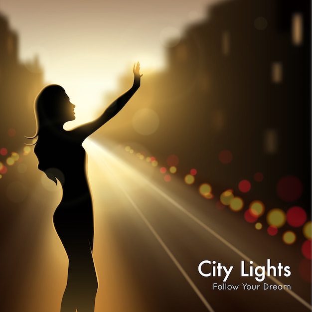 Vettore gratuito ragazza silhouette in city lights