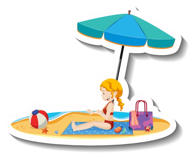 Girl sitting on beach mat with summer beach objects