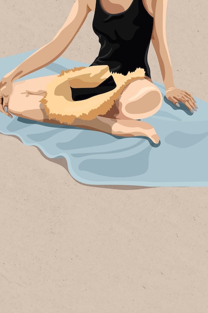 彼女の膝のベクトルで麦わら帽子とビーチタオルに座っている女の子