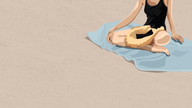 Girl sitting on a beach towel with a straw hat in her lap vector