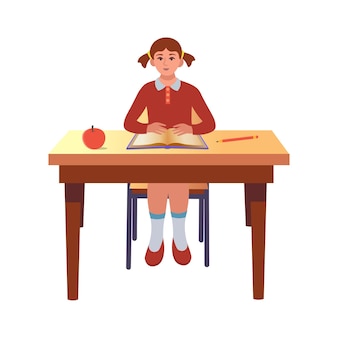 Девушка сидит за партами на уроке. мультипликационный персонаж в плоском стиле.