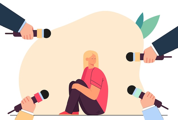 Free vector girl sitting on floor surrounded by hands holding microphones. interview with tiny female victim of violence flat vector illustration. journalism concept for banner, website design or landing web page