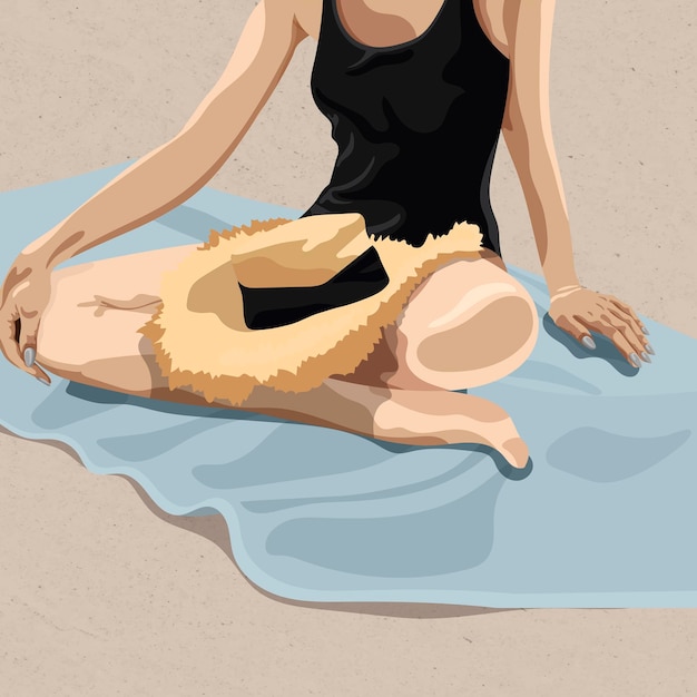 無料ベクター 彼女の膝のベクトルで麦わら帽子とビーチタオルに座っている女の子