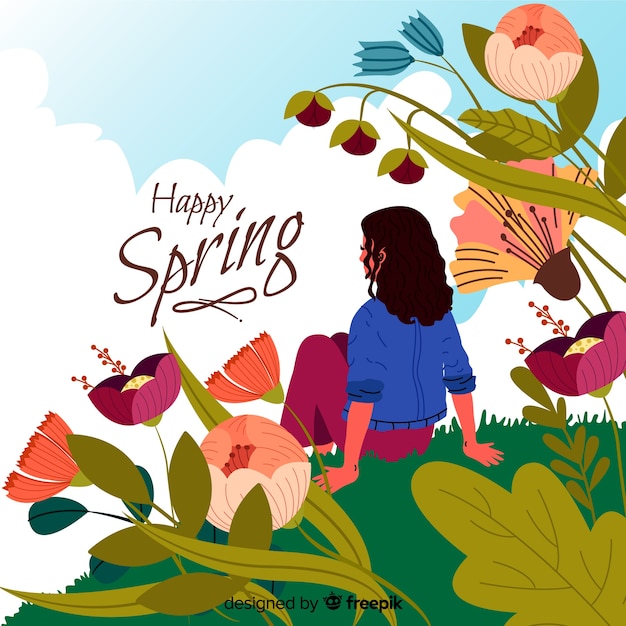 Girl sitting spring background