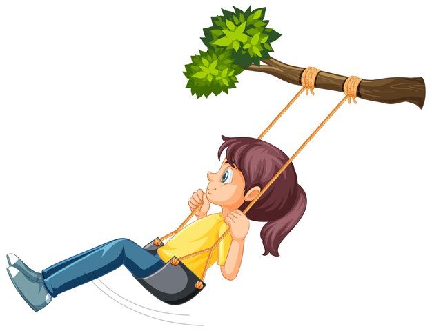 Девушка сидит на качелях, висит на ветке дерева