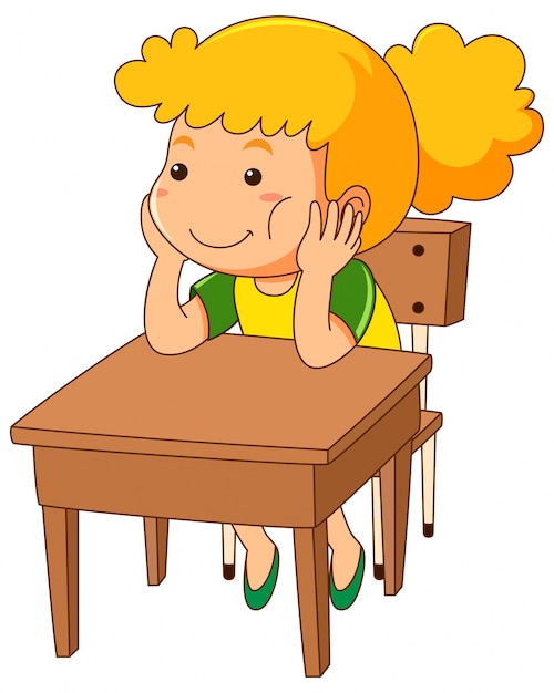 Free vector girl sitting on wooden desk