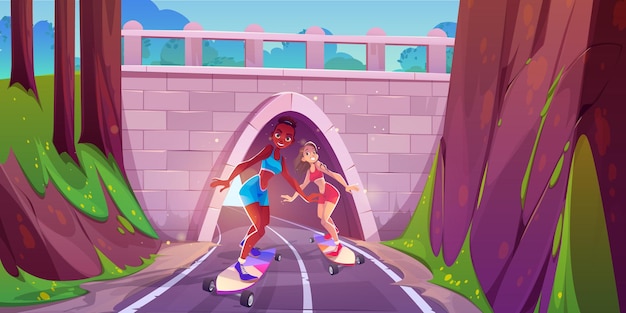 Girl skater together on tunnel road cartoon illustration female teen character ride skate on asphalt mountain highway traffic in forest overpass stone arch pathway friends on route with board scene